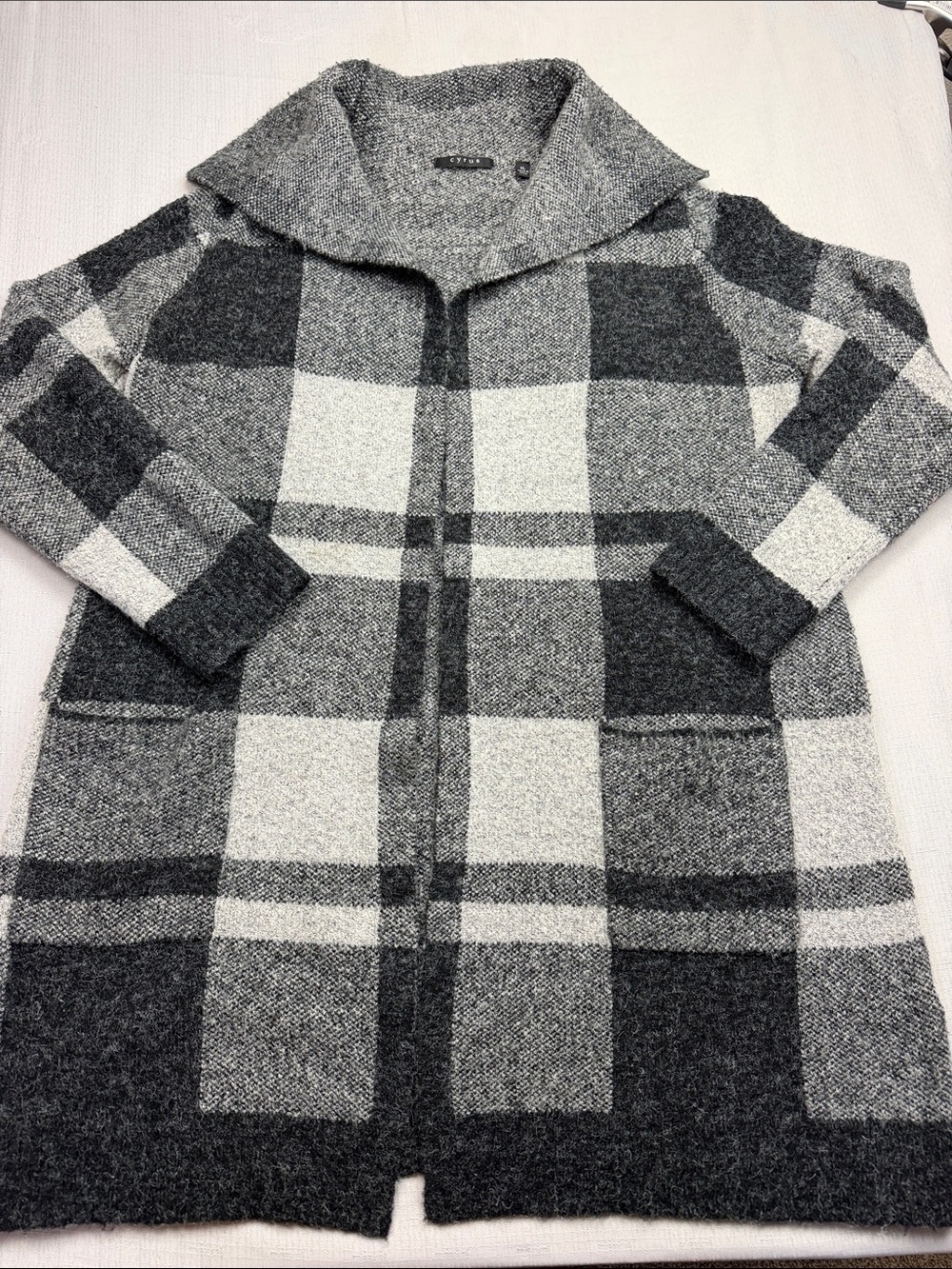 Cyrus Gray & White Plaid Long Cardigan front pockets